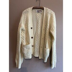 IronWood Trading Co Shetland Wool Fishermen Cable Knit Ivory Cardigan Sweater L